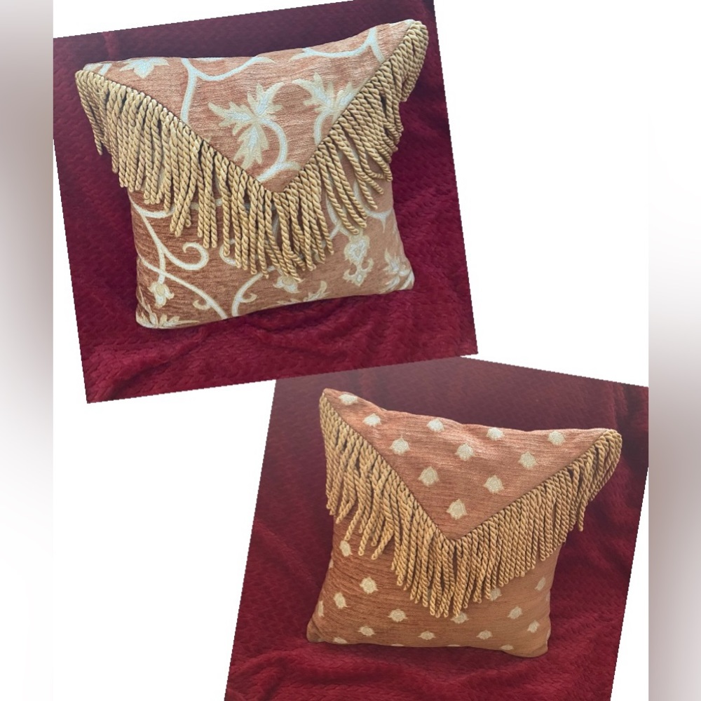 Rustic golden decorative pillow with fringe fancy and embroidered
